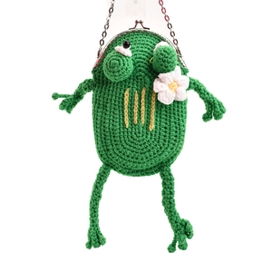 Japanese style green crochet frog chain shoulder bag with metal kiss lock and small flower
