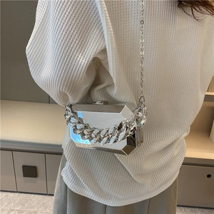 Silver mirror metal box bag with thick chain strap and crossbody design for women