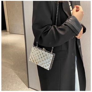 Macro shot of silver rhinestone evening bag with chain and metallic clasp on black coat