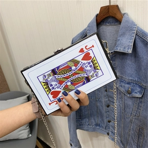 Novelty Playing Card Print Box Crossbody Bag PU Leather Heart Poker Design Shoulder Purse With Chain Strap For Women