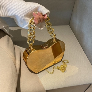 Heart Shaped Mirror Metal Evening Bag Gold Clutch With Chain Strap For Wedding Party Fashionable Women