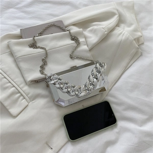 Silver mirror acrylic box clutch bag with thick chain handle and metal shoulder strap