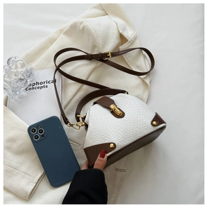 Close-up of crocodile pattern leather handbag with gold metal lock and brown strap