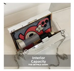 Detail view of transparent acrylic handbag interior showing space for phone and makeup