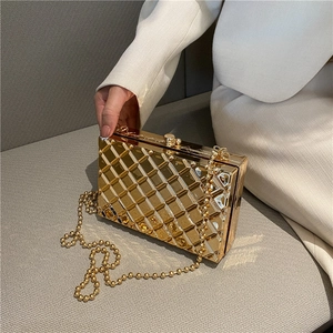 Women Evening Clutch Bag Metallic Diamond Lattice Geometric Hard Shell Box Handbag With Chain Strap For Party
