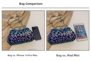 Size comparison of sparkling sequin evening clutch bag with iPhone and iPad mini