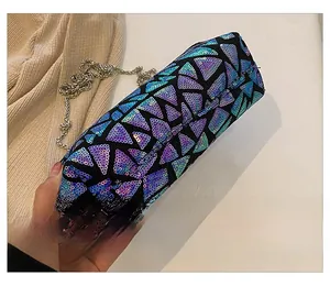 Bottom view of cylindrical evening bag showing blue and purple gradient sequins