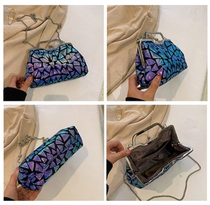 Detailed views of iridescent sequin clutch featuring geometric patterns and metal handles