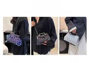 Close-up of geometric sequin evening bags showing purple and silver gradient textures