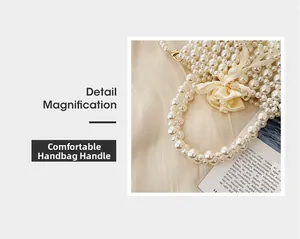 Detail of woven pearl handbag handle with silk bow and gold metal clasp