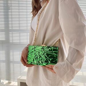 Metallic green pleated crossbody bag with gold chain strap worn by a model in a minimal setting