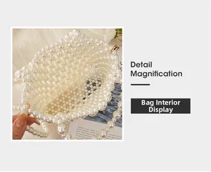 Close-up of handmade white pearl woven bag interior with gold metal snap button