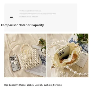 Detail of woven pearl handbag with satin drawstring liner and large interior capacity