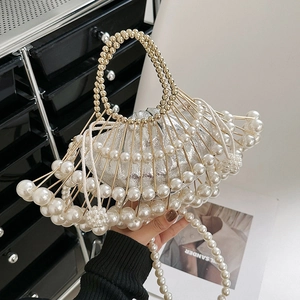 Artificial Pearl Cage Handbag Metal Frame Faux Artificial Pearl Hollow Shell Evening Bag For Women Wedding Party Luxury Elegant Shoulder Purse