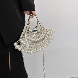 Elegant gold metal cage handbag with pearls, silver drawstring pouch and pearl chain