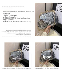Silver sequin evening clutch bag size comparison with A4 magazine and iPad