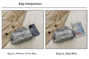 Size comparison of silver sequin evening clutch with iPhone and iPad mini dimensions