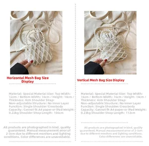 Detailed size chart for handmade pearl woven bag with crossbody strap measurements