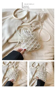 Detail view of woven pearl handbag with diamond mesh and fabric drawstring inner pouch