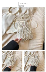 Detailed view of handmade woven pearl bag with beige drawstring inner pouch and long strap