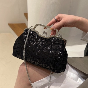 Elegant black sequin evening clutch bag with vintage silver metal frame and chain strap