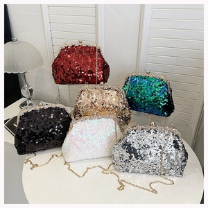 Detailed row of sequins evening bags in six colors with gold chain straps and metal clasps