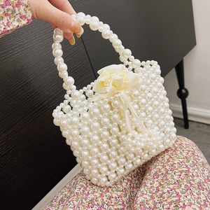 Handmade Artificial Pearl Beaded Handbag Faux Artificial Pearl Woven Shoulder Bag With Satin Drawstring Inner Pouch Elegant French Style For Women