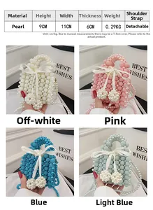 Detail view of mini pearl woven bags in four colors with 9x11x6cm size and chain