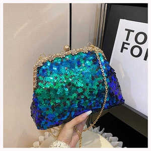 Detail of teal sequin evening bag with crystal flower clasp and gold chain