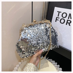 Macro shot of silver sequins on evening bag with flower rhinestone clasp and gold chain