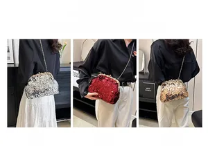 Detailed close-up showing sequined evening clutch bags in silver, gold, and red options