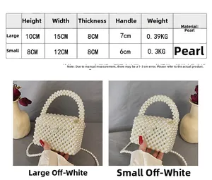 Size comparison chart for pearl woven handbags in small and large dimensions