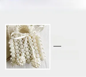 Detailed view of the handcrafted cream pearl woven handbag with a satin ribbon bow detail