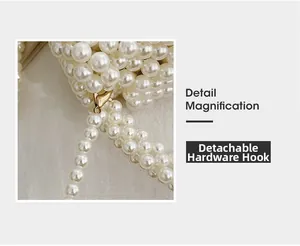Detail magnification of detachable gold hardware hook on white pearl woven handbag