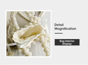 Detail showing the white pearl beaded bag interior with a satin drawstring pouch