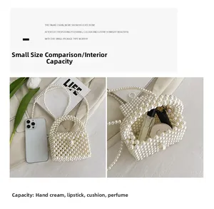 Detail of handmade pearl mini bag showing size comparison and internal storage capacity