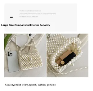 Detail view of woven pearl handbag size comparison with cosmetics and mobile phone