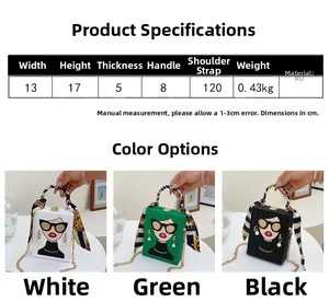 Detailed size specifications of the PU leather graffiti box bag with dimensions and strap info