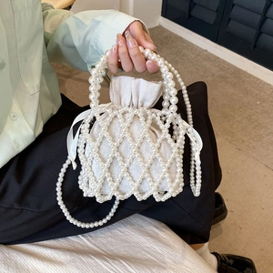 Handmade Artificial Pearl Woven Bucket Bag For Women Elegant Faux Artificial Pearl Handbag With Drawstring Liner Crossbody Beach Style