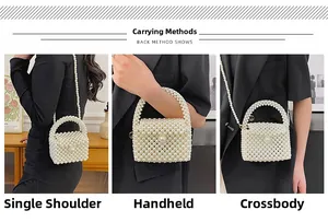 Detailed views of handmade white pearl woven bag showing crossbody and handheld styles