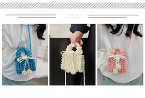 Detailed views of mini beaded handbags in blue, white, and pink with ribbon bows