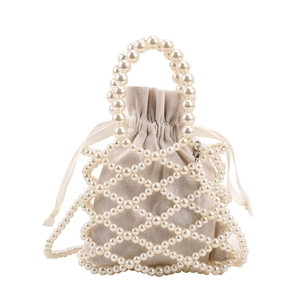 Woven pearl beaded handbag with drawstring liner and elegant ribbon for women