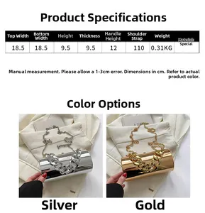Detailed size chart for acrylic cylinder bag showing gold and silver color options