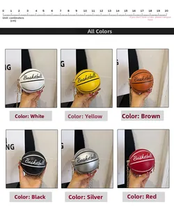 Detailed size comparison of basketball-shaped mini chain bags in six vibrant colors