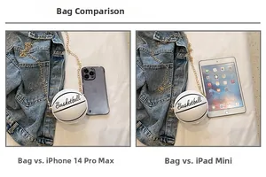 Mini white basketball chain bag size comparison with smartphone and tablet devices