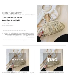 Detail view of woven straw tote bag with marble bead handles and size comparison to iPad