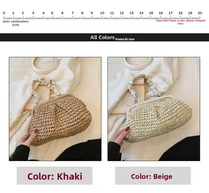 Detail of hand-woven straw handbags in khaki and beige with beaded handles and cloud shape
