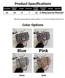 Detailed size chart and multi-color options for the graffiti chain shoulder bag