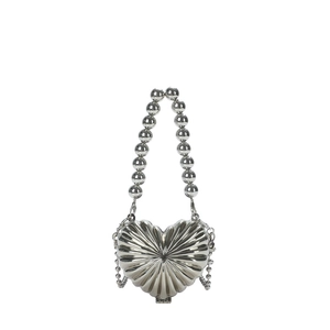Silver heart-shaped metallic handbag with pearl bead handle and chain strap for women