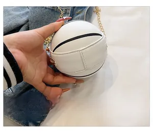 Detail view showing the reinforced bottom stitching of this white basketball-shaped bag